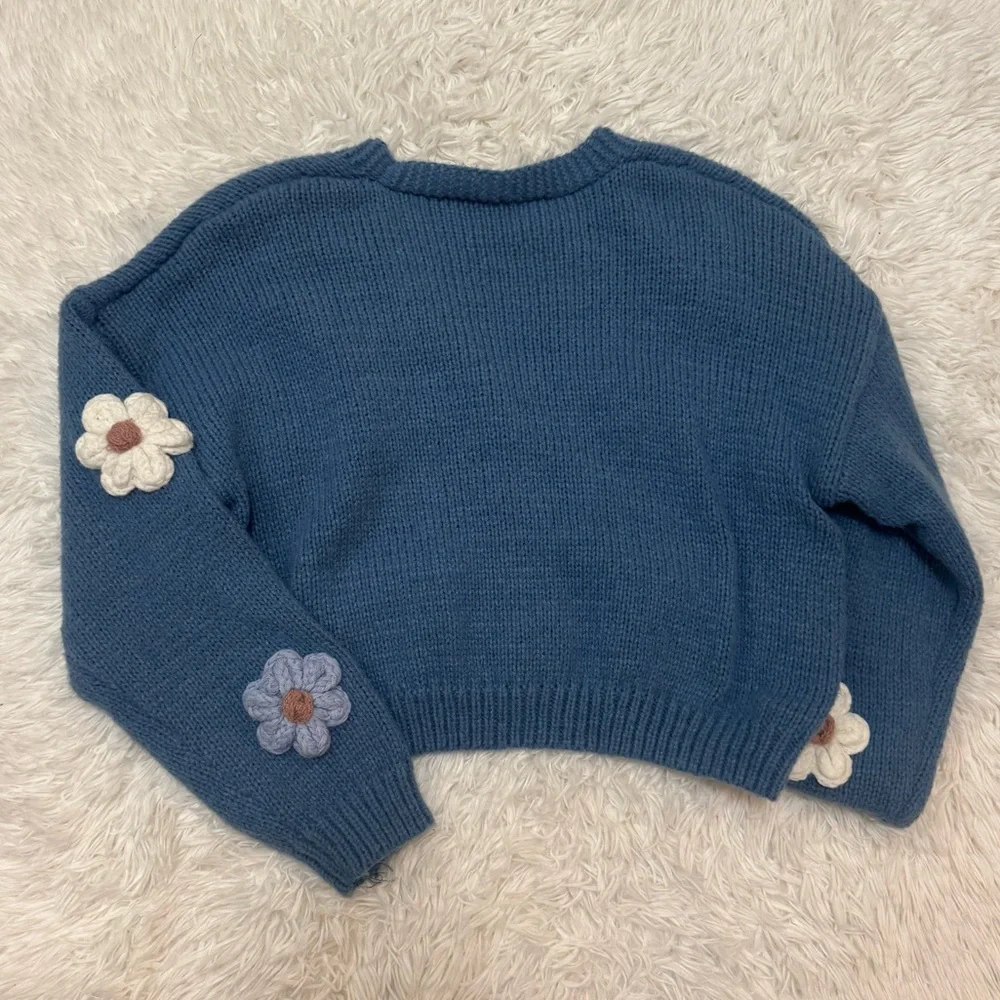 3D Flower Sweater Flower Cardigan Knit Sweater Blue Knit with Floral Details